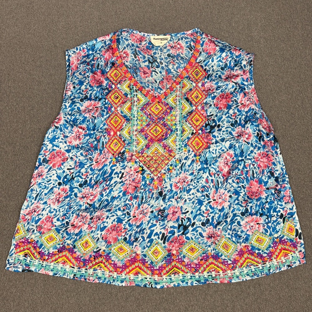 Savanna Jane 1X Boho Floral Embroidered Sleeveless Peasant Top Blue Pink Plus